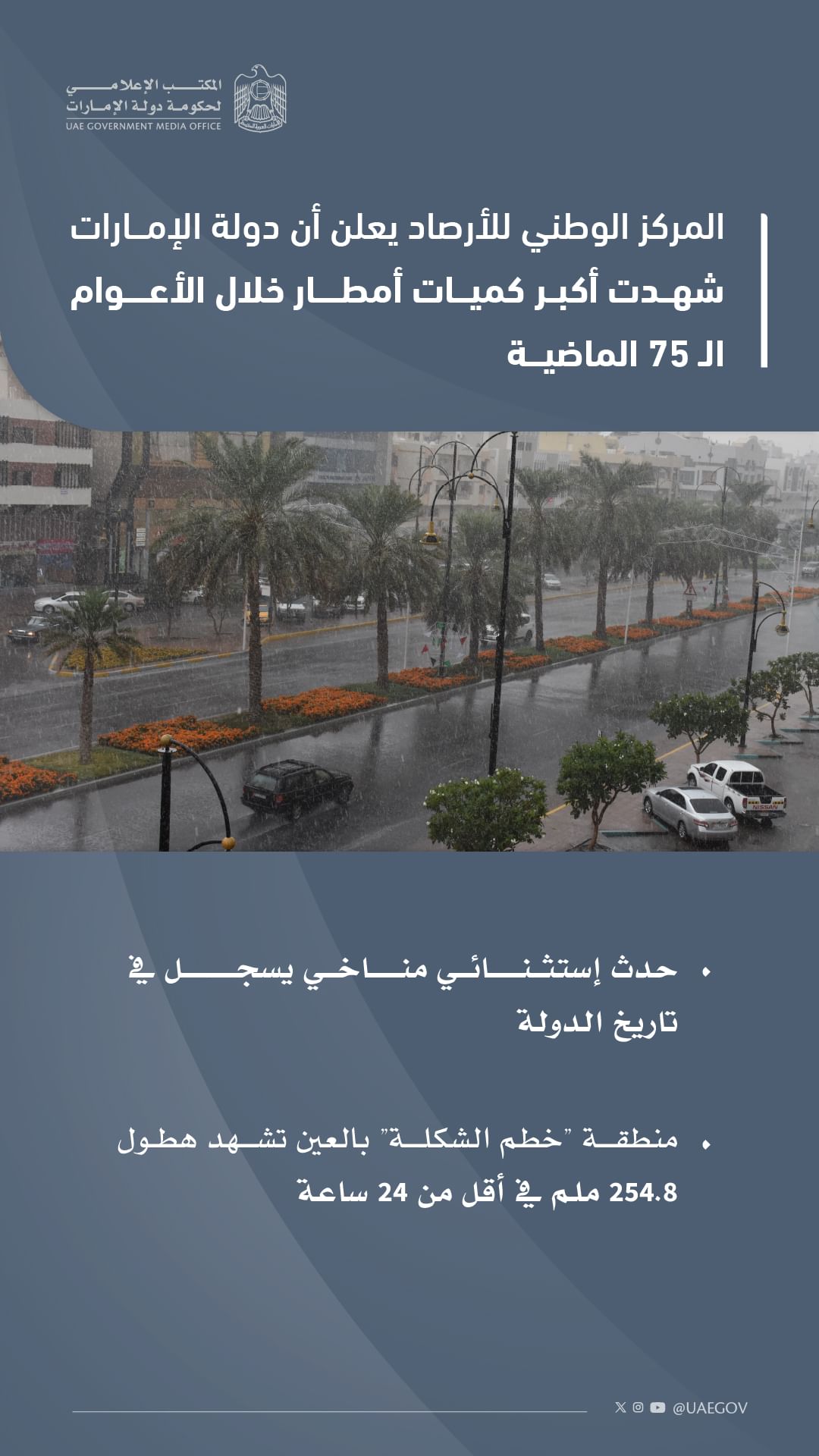الإمارات تشهد أكبر كميات أمطار في تاريخها الحديث