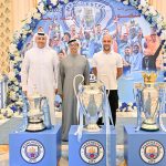 منصور بن زايد مع رئيس مانشستر سيتي وبيب جوارديولا مع الثلاثية التاريخية