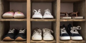Indoor wooden shoe rack with different compartments
