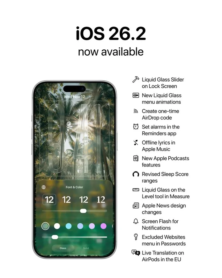 أبل تُطلق iOS 26.2 مع ميزات مبتكرة وتحسينات أمان قوية أبل
