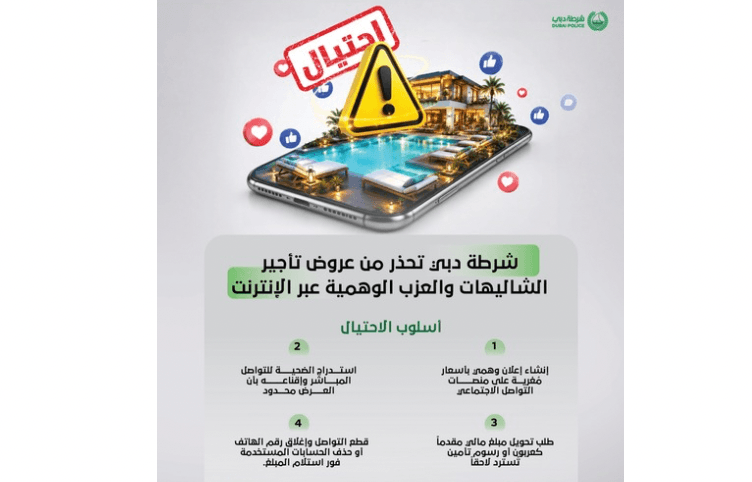 شرطة دبي تحذر من عروض تأجير الشاليهات والعزب الوهمية عبر الإنترنت